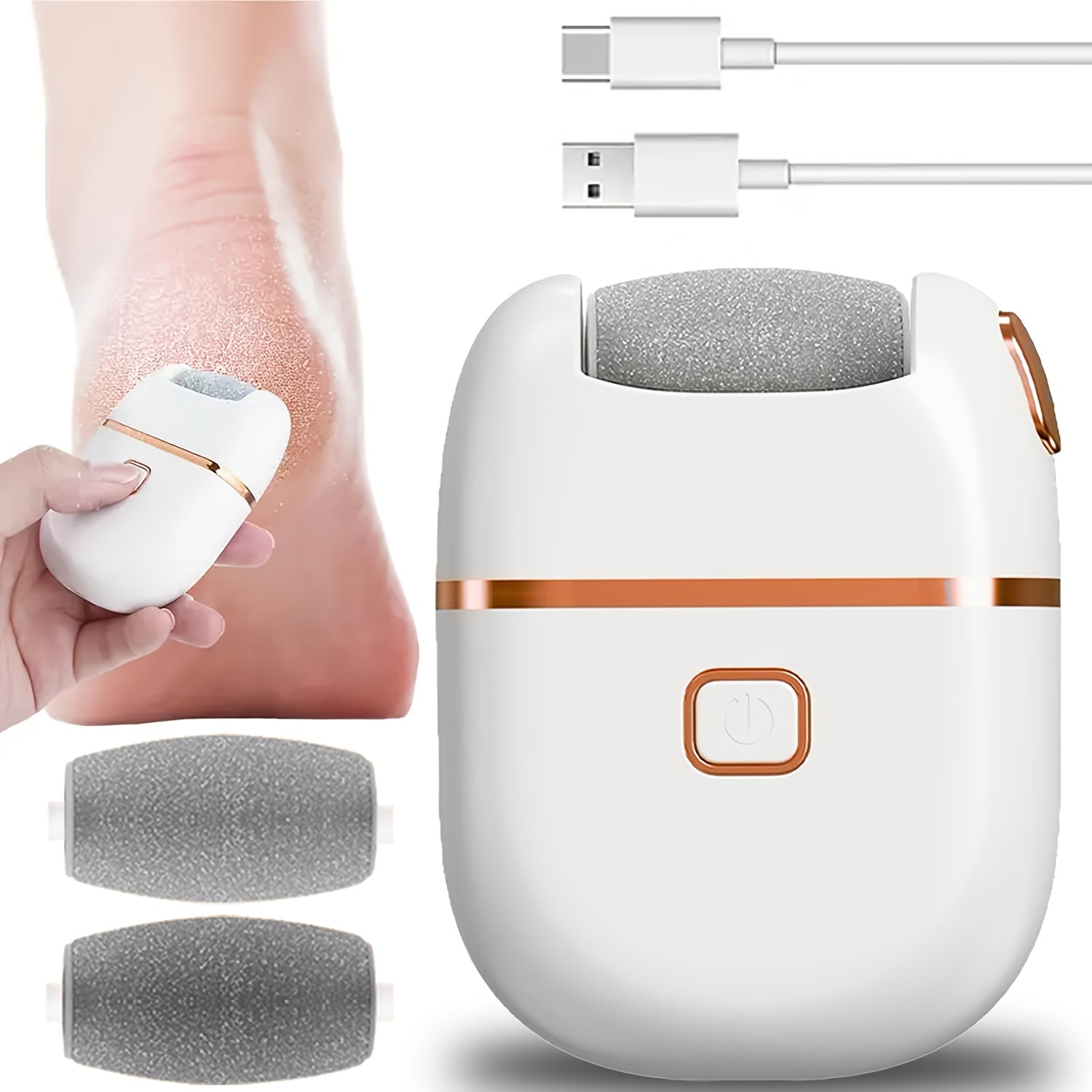 Lijadora eléctrica FEIYBA con 2 cabezales de lijado - Cargador USB, removida y luz muerta beige, diseño ergonómico para uso doméstico, herramienta de belleza para pies viajera para adultos y familia, removida de pies, rutina de cuidado de la piel, diseño