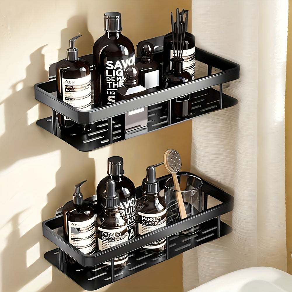 2 piezas de estantes de pared negros, juego de percheros de ducha sin taladro - Resistentes al óxido, organizador colgante que ahorra espacio para champú, acondicionador y más, solución de almacenamiento de baño, perchero de baño moderno, organizador de