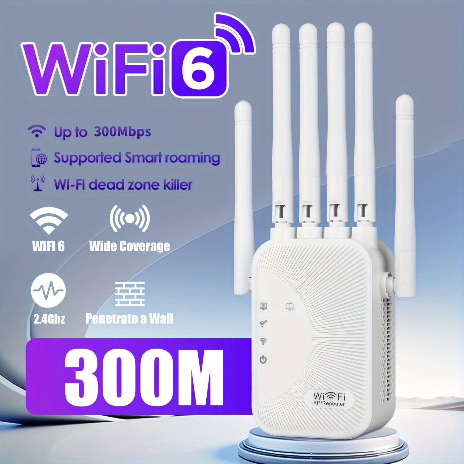 Amplificador de Señal Ourlife Estándar EE. UU. - Extensor WiFi 2.4GHz de 300Mbps, Banda Alta con Soporte de 6 Antenas Potente para Hogares, Centros Comerciales y Cafeterías