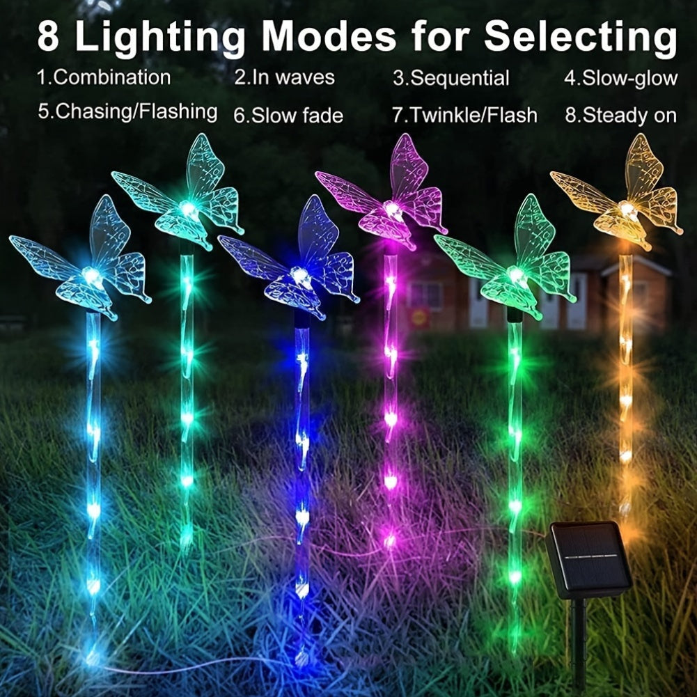 Juego de 4 luces solares en forma de mariposa, luces de jardín de plástico con montaje semi empotrado y 8 modos, iluminación decorativa exterior alimentada por energía solar para el jardín, patio, parterres y decoración del hogar.