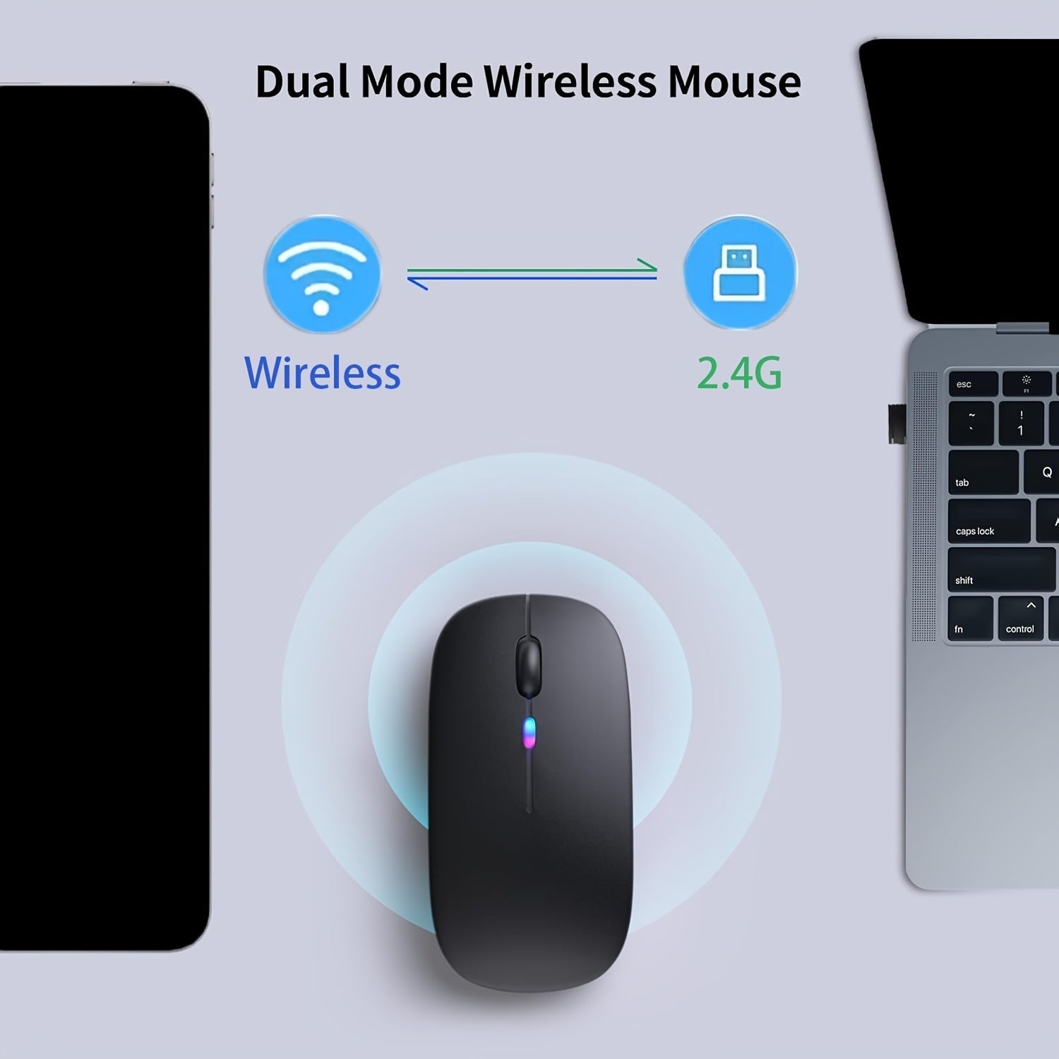 Ratón inalámbrico dual modo portátil con LED, ratón inalámbrico 2.4G/5.0 para computadora, oficina y entretenimiento, batería recargable integrada, larga duración, botones silenciosos, ambidiestro, bajo retardo, compatible con computadoras, laptops y tab