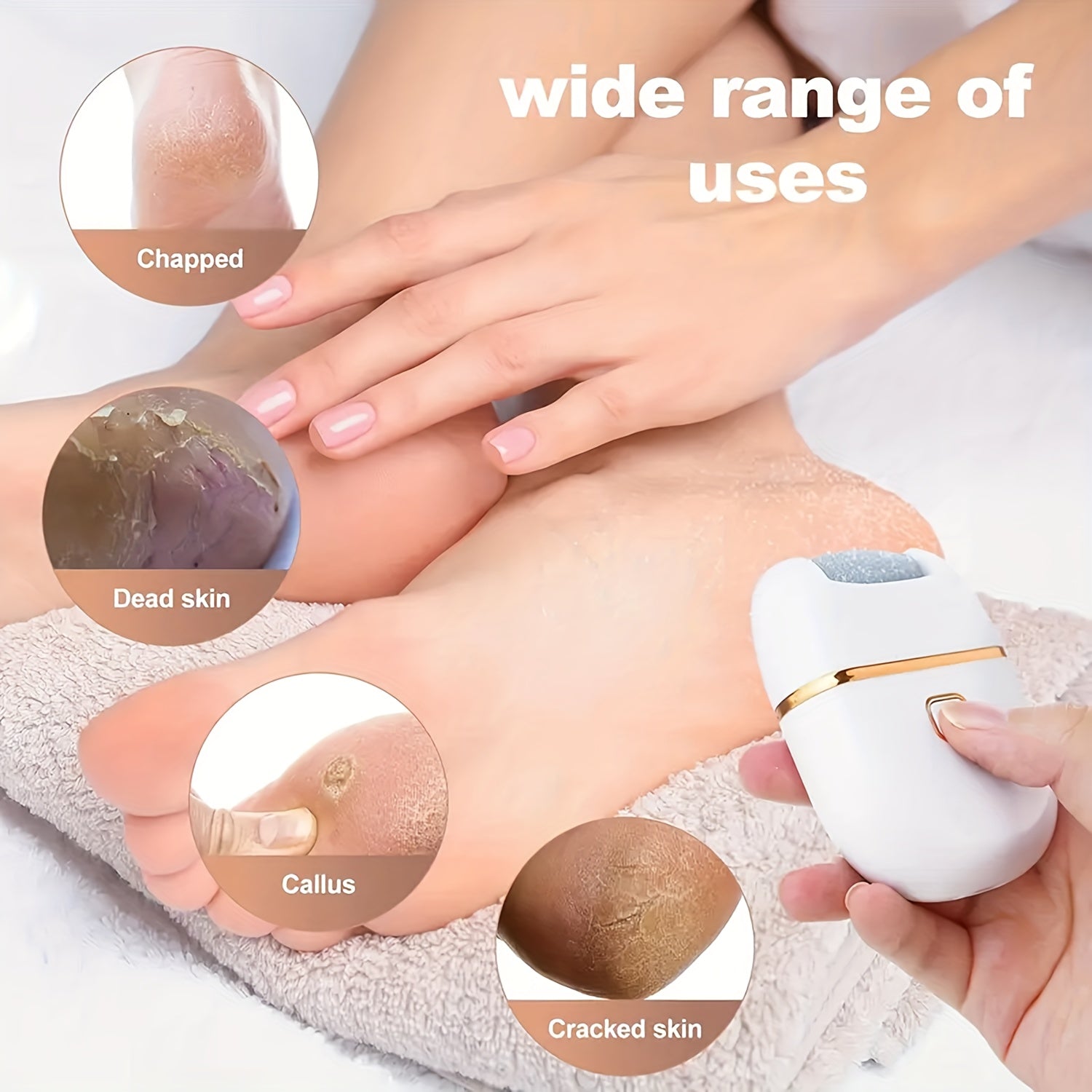 Lima eléctrica recargable para pies con 3 cabezales reemplazables, exfoliación suave, carga USB, portátil y fácil de usar, ideal para pies secos y agrietados, color beige claro, esencial para el cuidado de los pies, apta para adultos, herramienta portáti