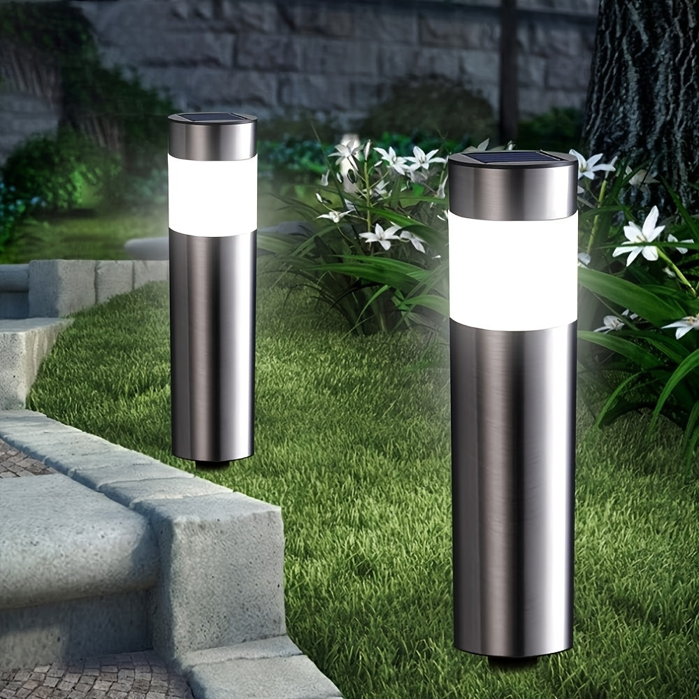 Luces solares LED para césped, luces decorativas de paisaje cilíndricas de acero inoxidable, ideales para patios, jardines, caminos, aceras y espacios exteriores con ambiente festivo