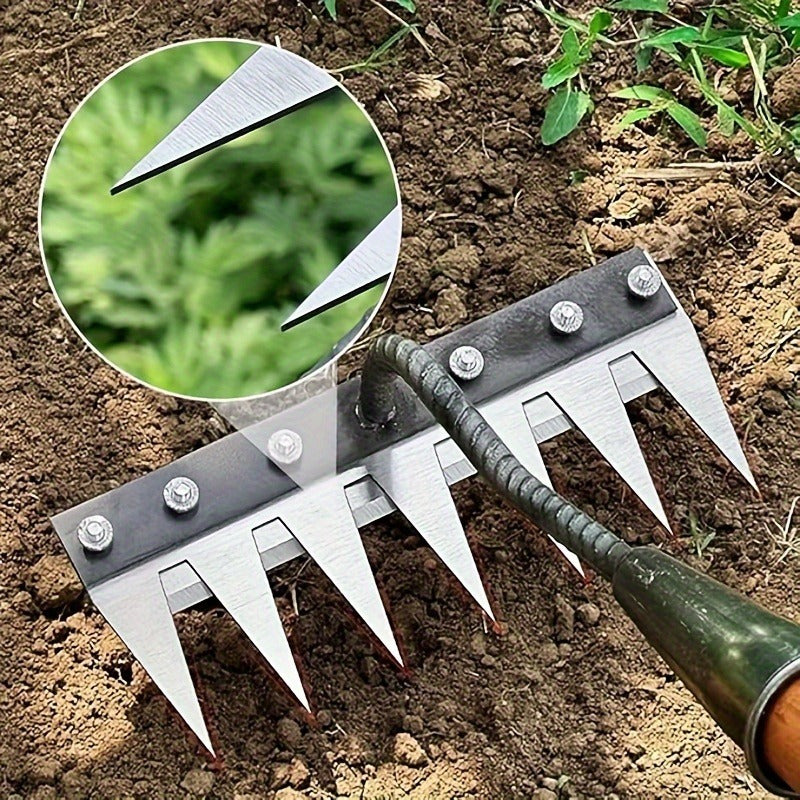 Rastrillo de jardín de acero al carbono de alta resistencia - Aerador manual de suelo y césped, diseño de horquilla de 360°, estructura metálica duradera, ideal para jardinería y ventilación de suelo, herramienta de jardín | Construcción sólida | Rastril