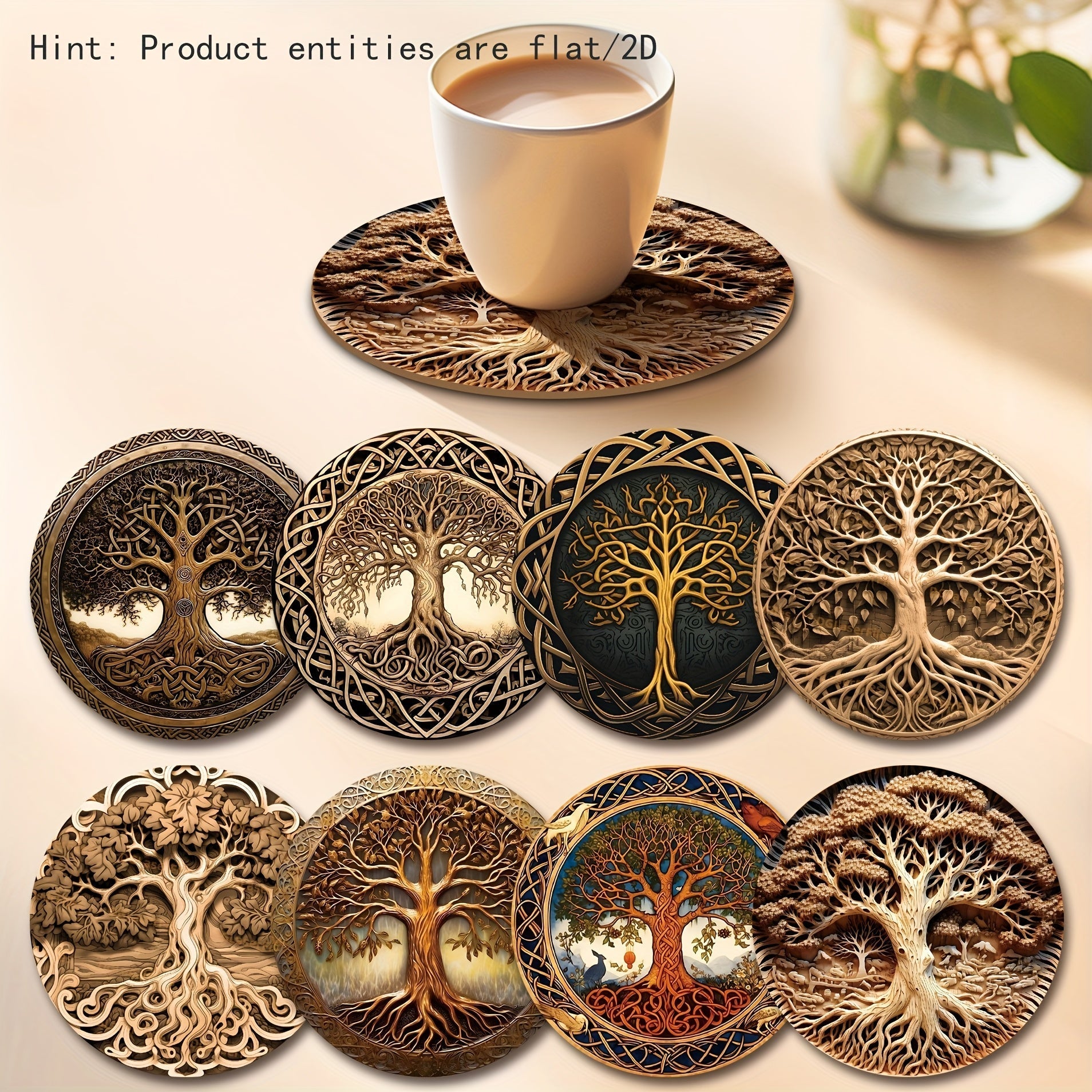 Conjunto de 8 Piezas Árbol de la Vida, Imagen Plana en 2D para Productos, Posavasos de Madera, Esencial para Reuniones Familiares Festivas, Adecuado para Bares, Empresas, Hogares y Diversos Lugares 9.98cm*9.98cm