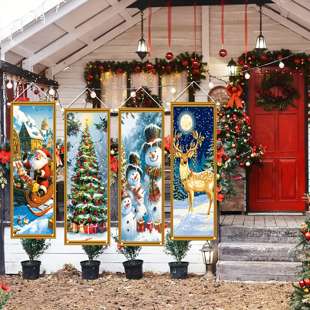 Conjunto de 4 Banderines Navideños para Porche - Decoraciones Duraderas de Poliéster con Diseños de Santa, Muñeco de Nieve, Reno y Árbol, 119.89cm x 40.13cm, Fáciles de Colgar y Lavables para Exhibición en la Puerta de las Fiestas