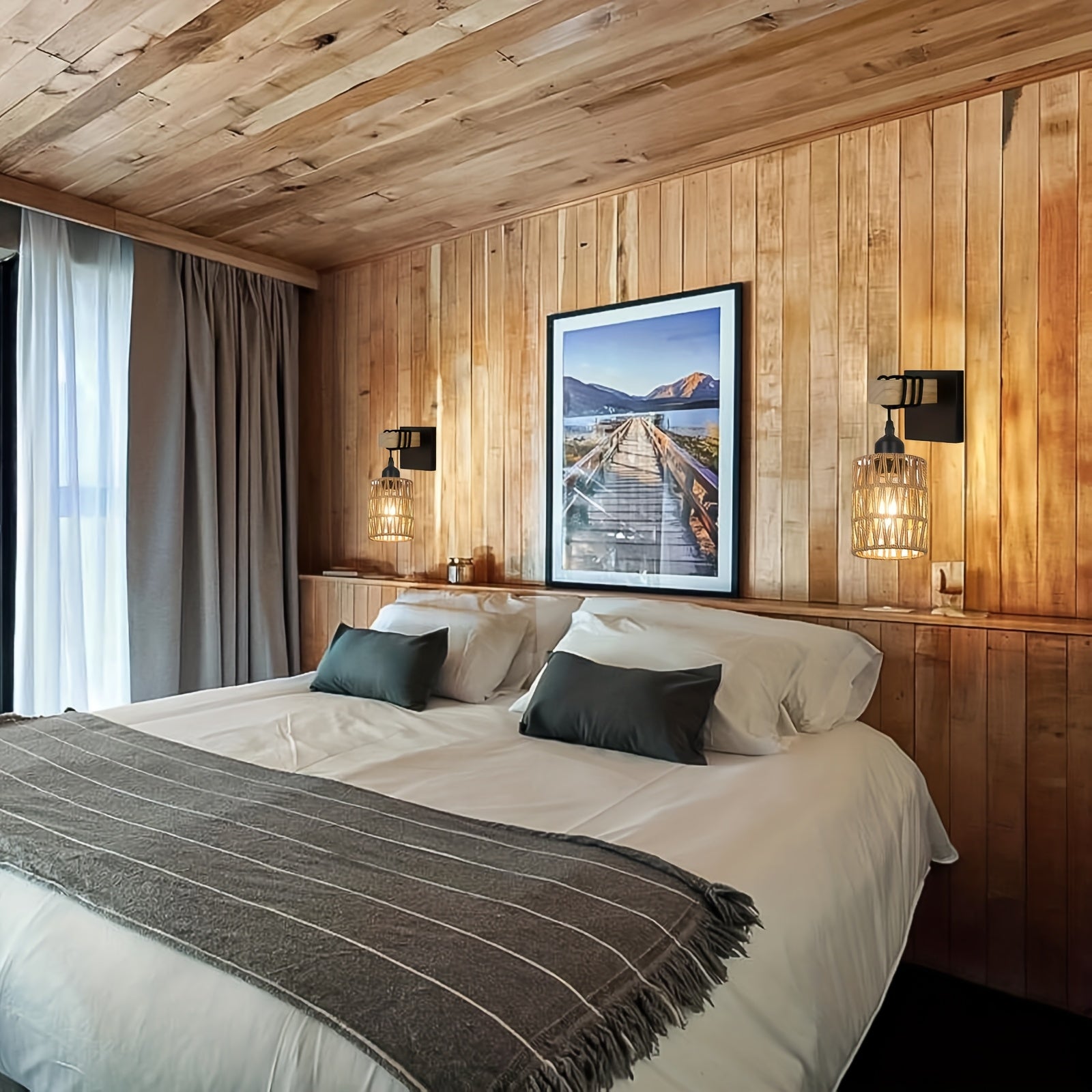 Arandela de Pared Industrial Estilo Medio Siglo XX – Lámpara de Ratán Tejido a Mano para Sala, Dormitorio o Comedor – Decoración Rústica Bohemia con Acabado en Metal Pulido, Incluye Herramientas de Montaje, Luz Ambiente para Dormitorio | Estilo Bohemio y