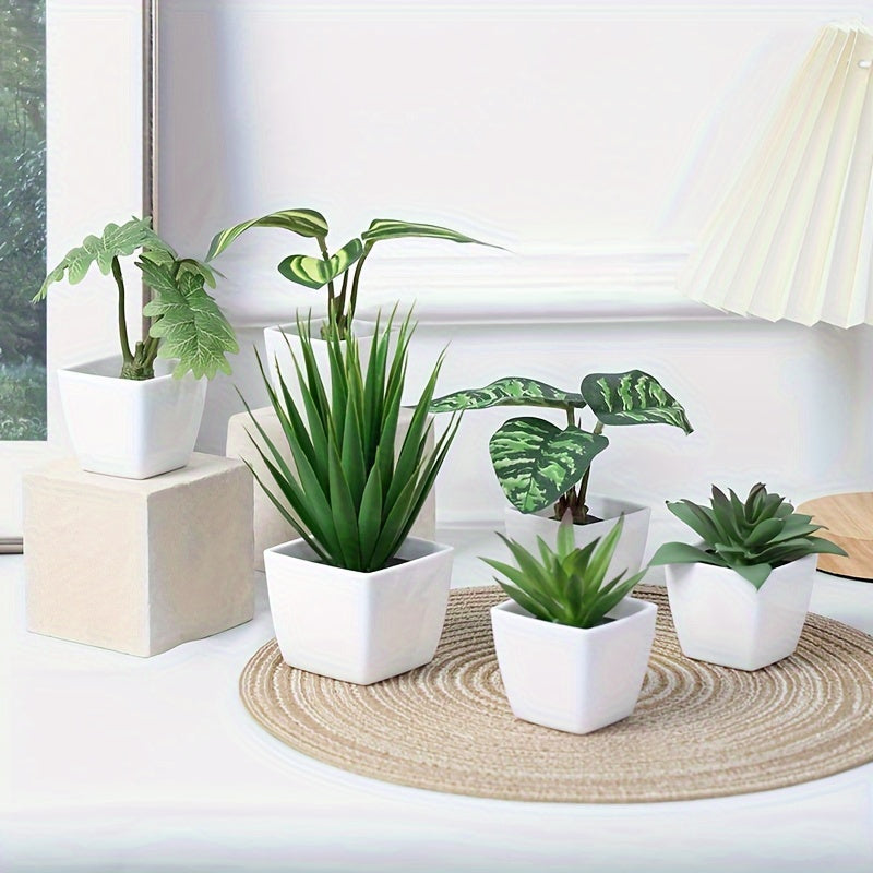 1set 6pcs-Combinación de Plantas Simuladas Suculentas Artificiales Planta Verde Bonsái Decoración de Interior Adorno de Escritorio de Oficina Estilo Nórdico Decoraciones de Plantas en Maceta Pequeñas Simuladas