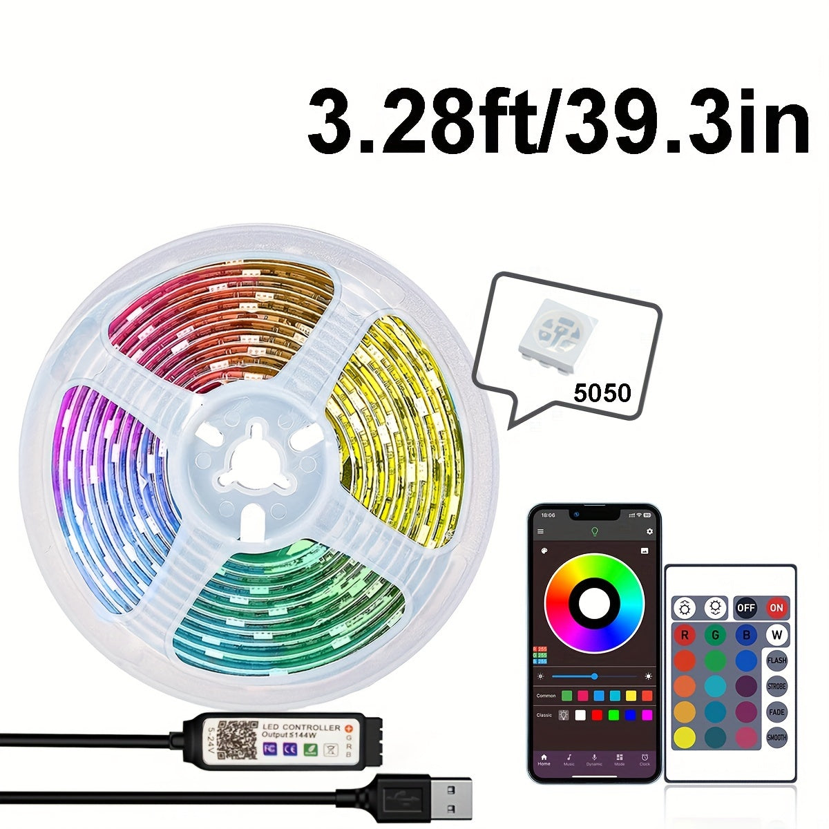 99.97 cm - 30.48 metros Tira de luces LED 5050 RGB con sincronización de música, cambio de color, control de la aplicación inteligente de la tira de luces LED, mando a distancia de 44 teclas, luces LED para decoración del hogar en el interior del dormito