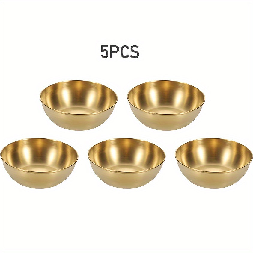 3/5/15 piezas de plato de salsa dorada de lujo, mini tazón de salsa individual de acero inoxidable premium y palillos, plato de condimentos redondo adecuado para sushi/tortilla mexicana/papas fritas, plato de aperitivo, accesorios para bandejas de delica