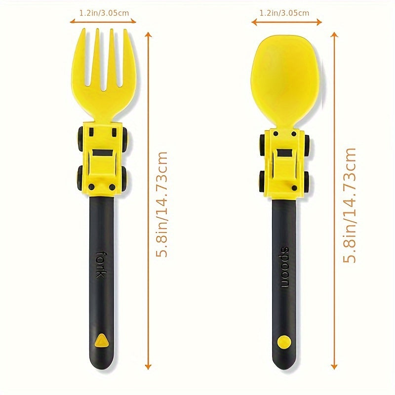 1 Pieza, Juego De Utensilios Para Niños Con Tenedor Y Cuchara, Tema De Vehículos De Ingeniería, Material PP, Diseño Antibacteriano Portátil, Agarre Suave, Apto Para Lavavajillas, Viene Con Caja De Almacenamiento, Ideal Para Uso En Casa Y Viajes