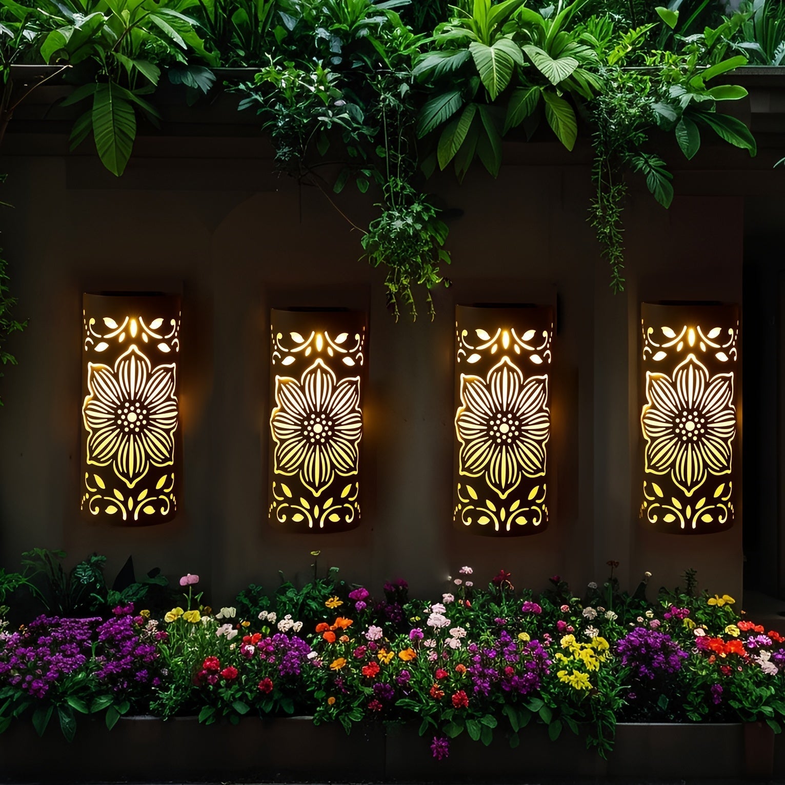 XXOASIS 1/2/3pcs Luces Solares de Pared Mate con Corte Floral Hueco y Detalles Dorados, Alta Calidad para Jardín, Patio o Valla - Iluminación Exterior Duradera en Hierro Semi-Encastrada, Idea de Regalo de Cumpleaños, Decoración Solar Colgante, Ambiente p