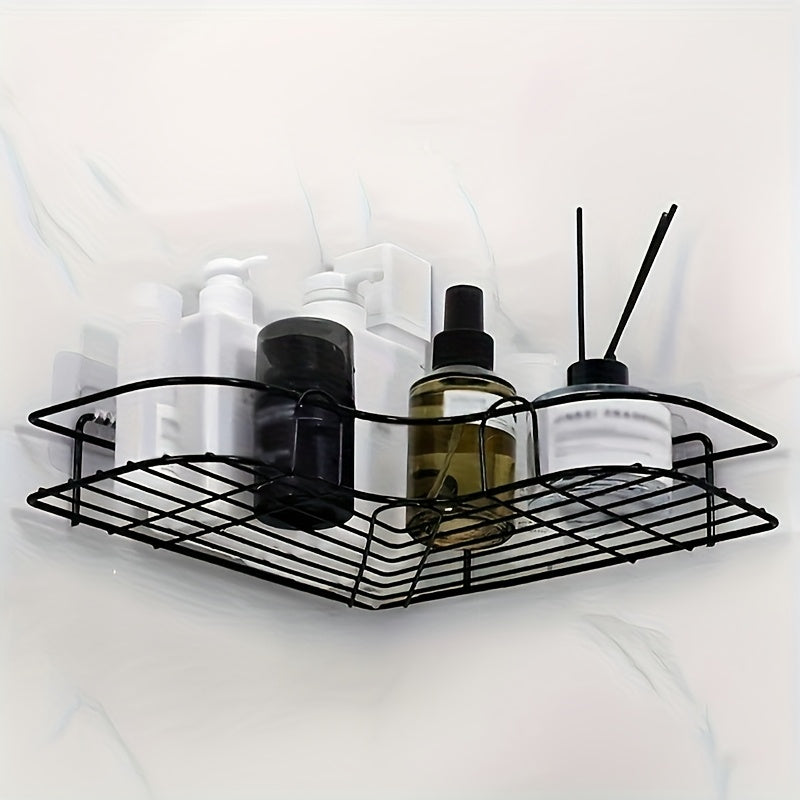 Estante de ducha de esquina de hierro fundido - Estante de almacenamiento de baño montado en la pared que no requiere taladrar, con diseño de malla de alambre de metal negro para un fácil acceso y organización, perfecto para champú, acondicionador y jabó