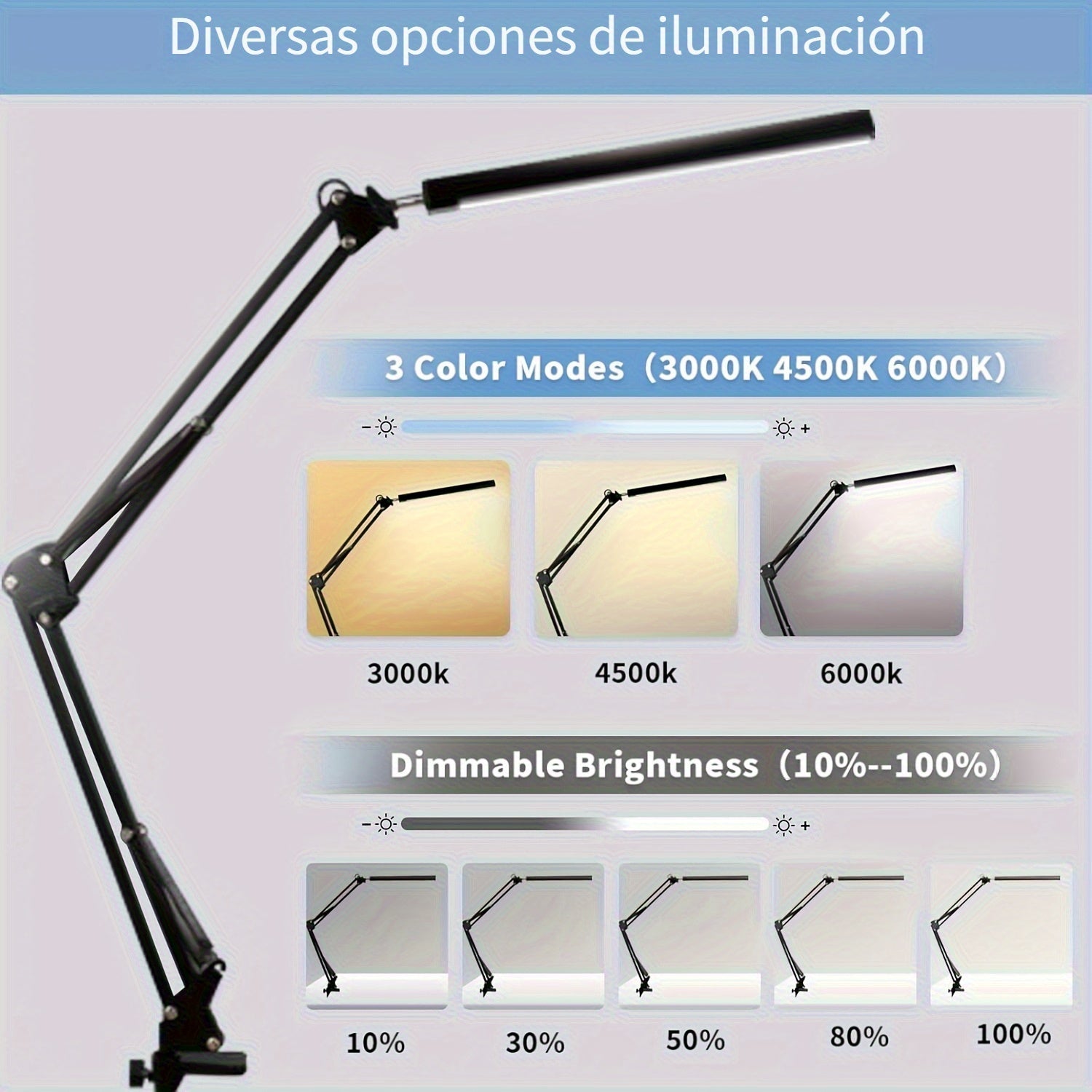 Lámpara de trabajo moderna LED POPSKEETER, luz de escritorio ajustable de metal con brazo telescópico, 3 temperaturas de color, 5 niveles de brillo, diseño de carga USB patentado, para lectura en la oficina y entornos de trabajo complejos, sin brillo, il