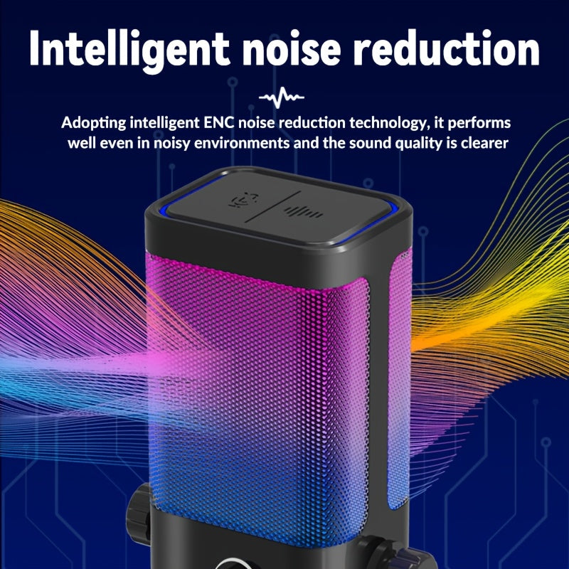 Micrófono de condensador RGB Ultra-Clear Sound - Plug & Play, reducción de ruido inteligente, monitoreo en tiempo real, control de perilla independiente, perfecto para transmisiones en vivo, juegos y más - Conexión USB Type-C, material ABS, control de vo
