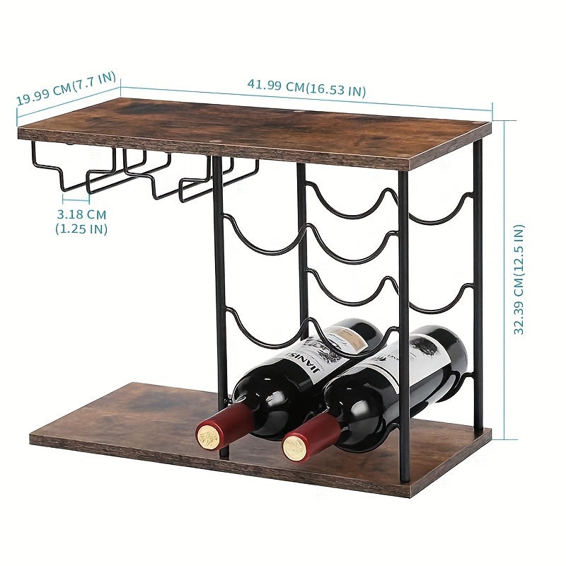 Un moderno y minimalista soporte para vinos creativo para uso en el hogar, capaz de contener 6 botellas y 4 vasos. Este soporte para vinos independiente es adecuado para hogares, cocinas, mesas de bar, bodegas de vinos y armarios, lo que lo convierte en