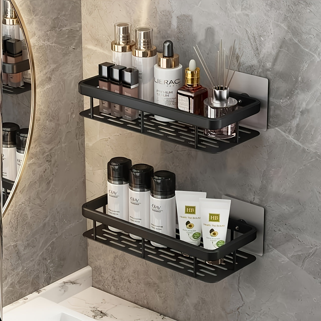 Caddy de ducha montado en la pared, gran capacidad, instalación sin taladrar, estante flotante para baño y cocina, ahorrador de espacio, fácil de instalar, sostiene 20 accesorios de ducha.