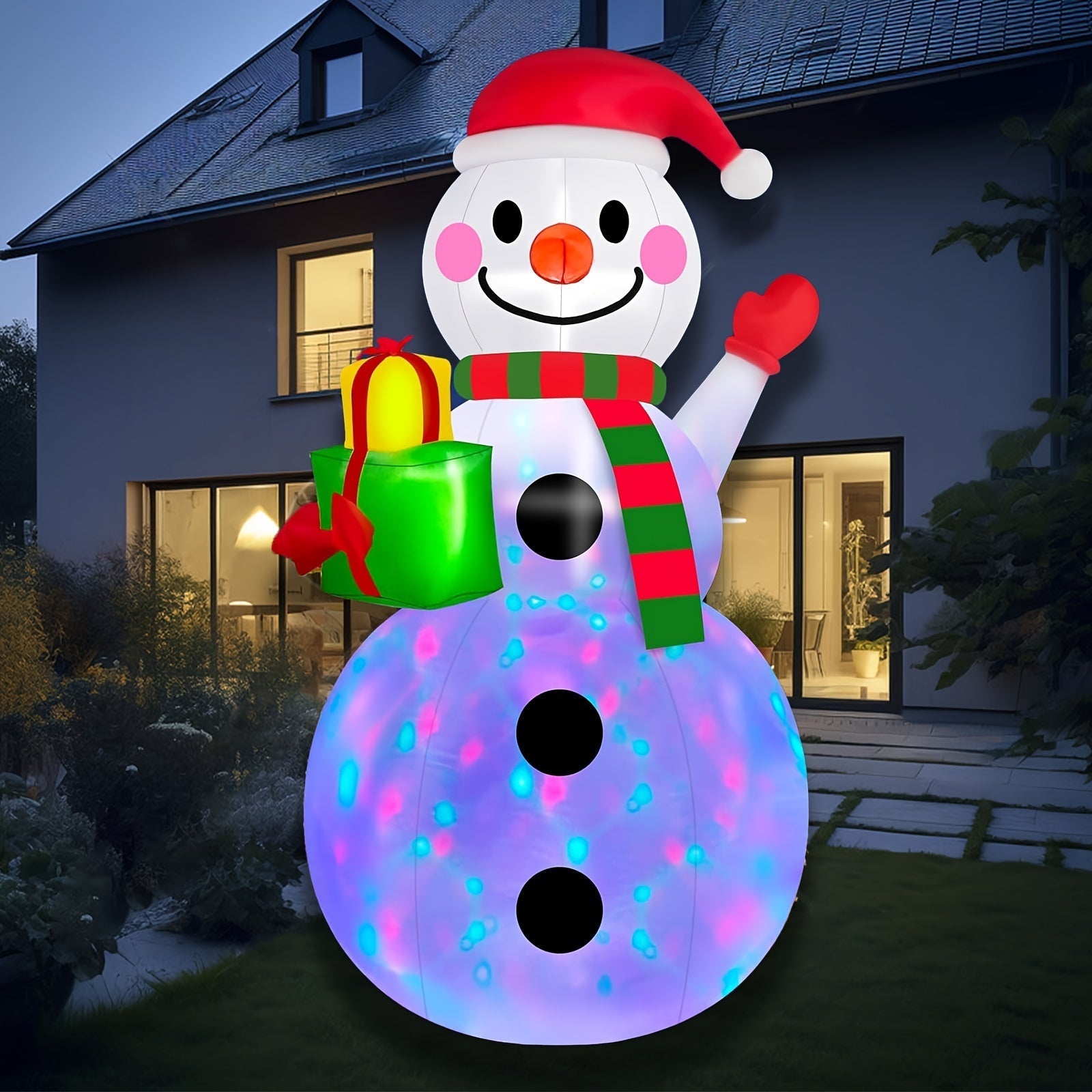 Decoración navideña de muñeco de nieve para exteriores, blanco en poliuretano con luces LED multicolor, diseño independiente, incluye gorro de Santa y bufanda, iluminación multicolor, ideal para jardín y patio, enchufe 110-240V, decoración festiva