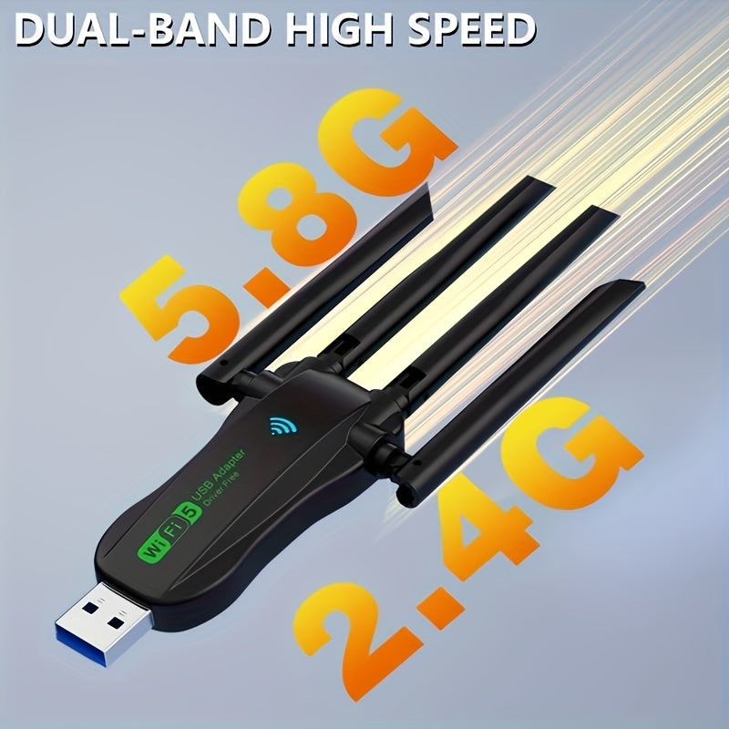 Adaptador sin varillas USB WiFi de Doble Banda 1300Mbps 5.8G/2.4G - Sin Necesidad de Controladores, Conectar y Listo, Alta Velocidad Simultánea en Doble Banda, Conexión Estable sin Interferencias con Ruteadores/Módemos Wi-Fi para PC Portátil/Escritorio,