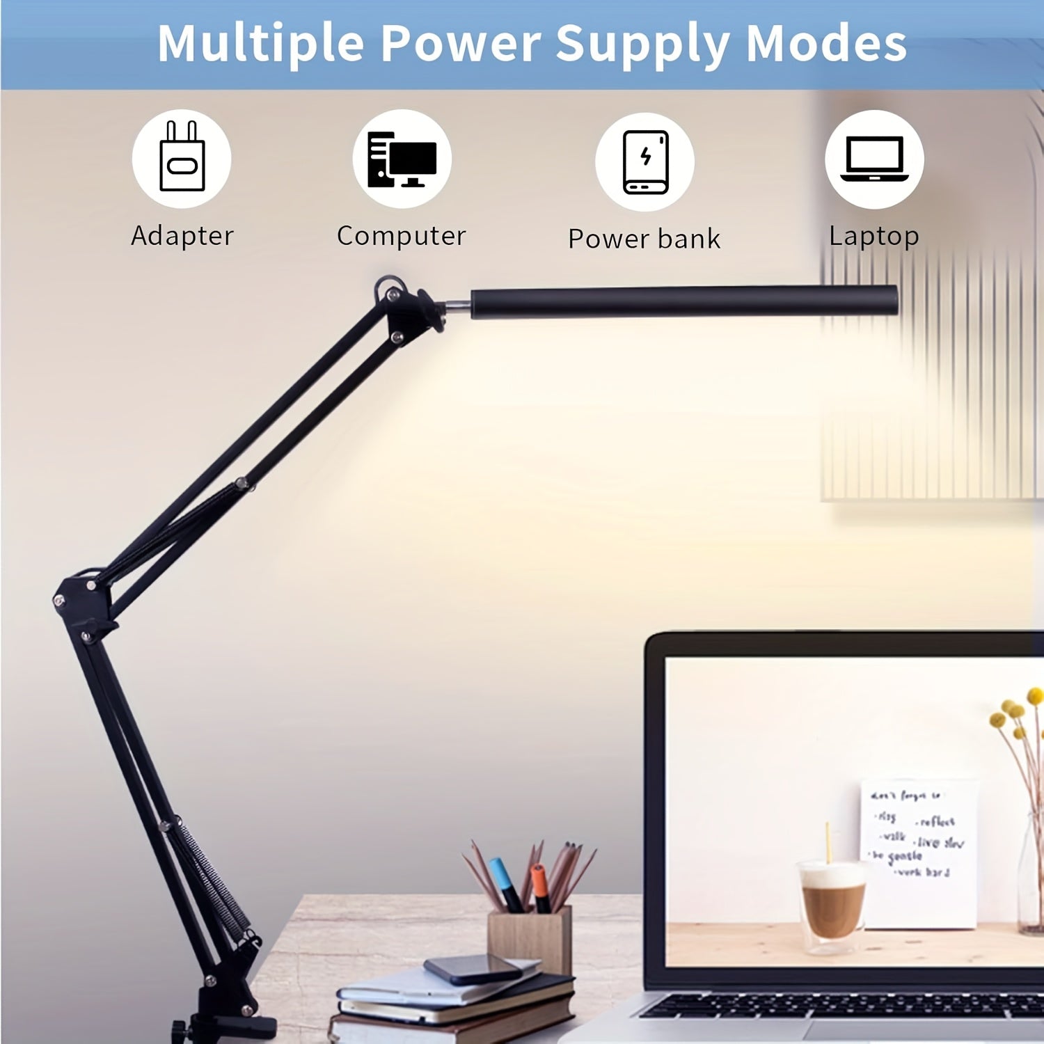 Lámpara de trabajo moderna LED POPSKEETER, luz de escritorio ajustable de metal con brazo telescópico, 3 temperaturas de color, 5 niveles de brillo, diseño de carga USB patentado, para lectura en la oficina y entornos de trabajo complejos, sin brillo, il