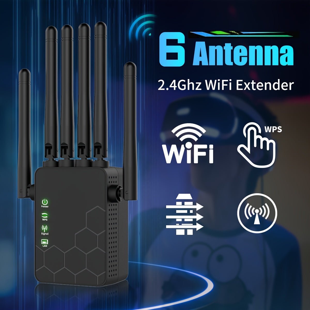 OEKE 6-antenas 2.4GHz WiFi Extender & Repeater - Capacidad para 25 dispositivos, cobertura amplia, WPS, enchufa y juega, 110-130V, fuente de alimentación de EE. UU. para hogar y oficina, WiFi Extender para hogar, red de oficina, diseño de tecnología mode