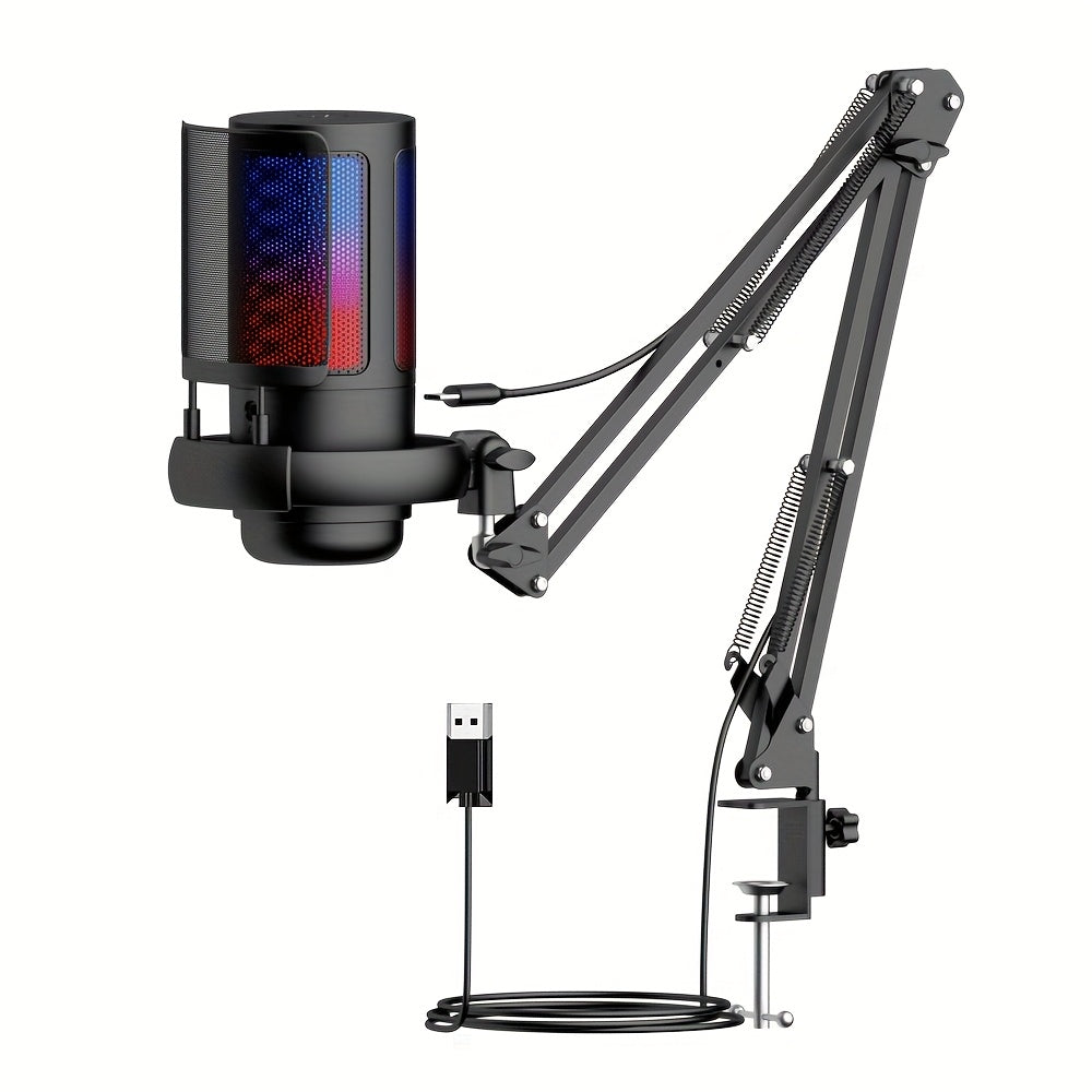 Micrófono de condensador de escritorio USB, micrófono de grabación para videoconferencias y llamadas de voz de juegos, con soporte de caballete, reducción de ruido, luz RGB, táctil, adecuado para computadoras PC, portátiles, transmisiones en vivo, podcas