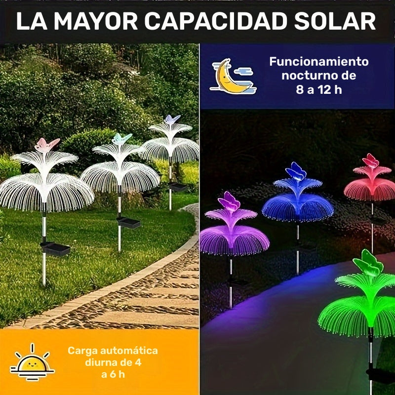Luces solares para jardín con diseño de medusas, 3 piezas, luces LED multicolor para exteriores, diseño de mariposa de doble capa, construcción duradera de plástico y acabado metálico, ahorro de energía, fácil instalación, ideales para caminos y jardines