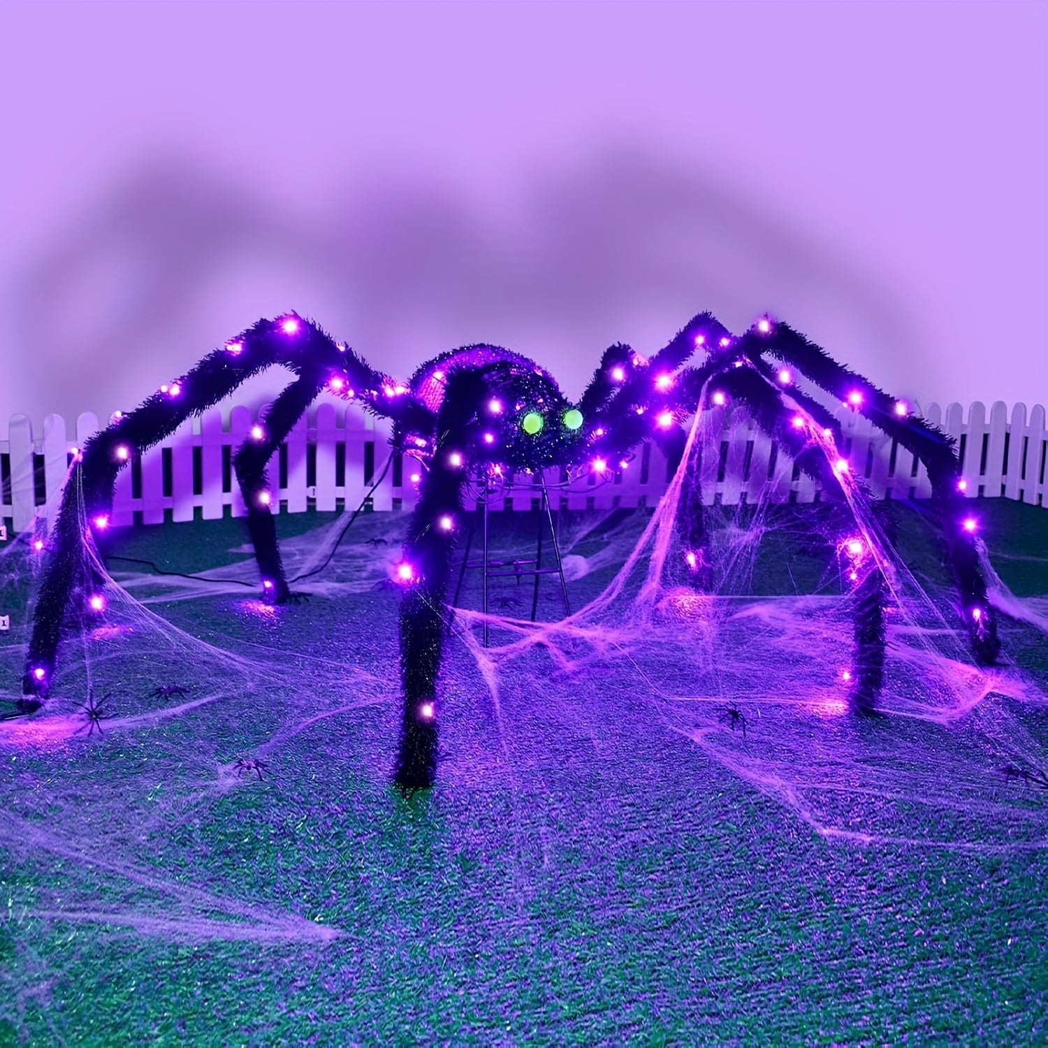 Decoración de Halloween de araña gigante - 50,4" (128,02 cm) luz de exteriores con 90 luces LED, estacas de tierra de metal y decoración de porche para la entrada, jardín o fiesta, casas encantadas, decoraciones de Halloween, decoración de jardín, decora
