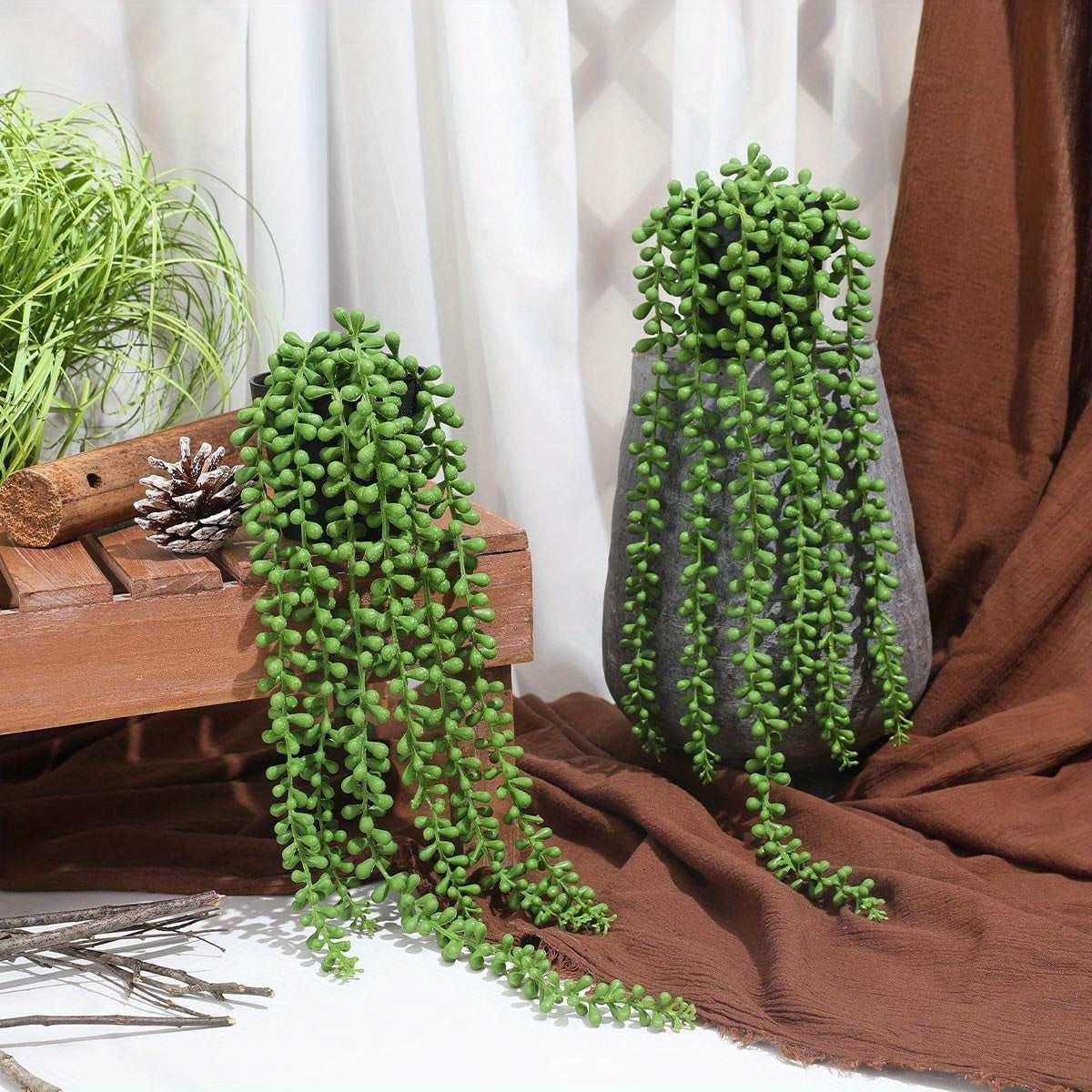 2 piezas de plantas suculentas artificiales con perlas - Plantas colgantes falsas para decoración interior y exterior, fáciles de crecer, ideales para fiestas de bodas en el hogar y la oficina, uso todo el año, no se necesita recipiente, regalo de bienve
