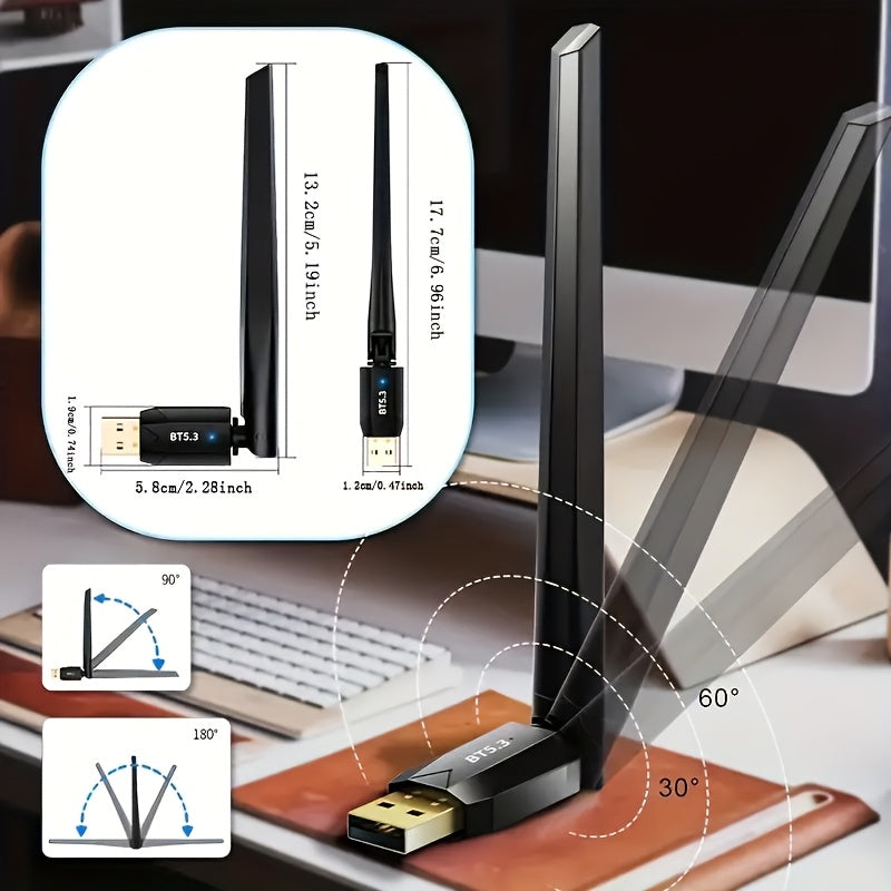 Adaptador sin varillas USB BT 5.3 de Largo Alcance, conexión máxima hasta 150 metros/49.21 pies, receptor sin varillas para escritorios y portátiles, compatible con Windows 8.1/Windows 10/Windows 11, ideal para conectar dispositivos sin cables