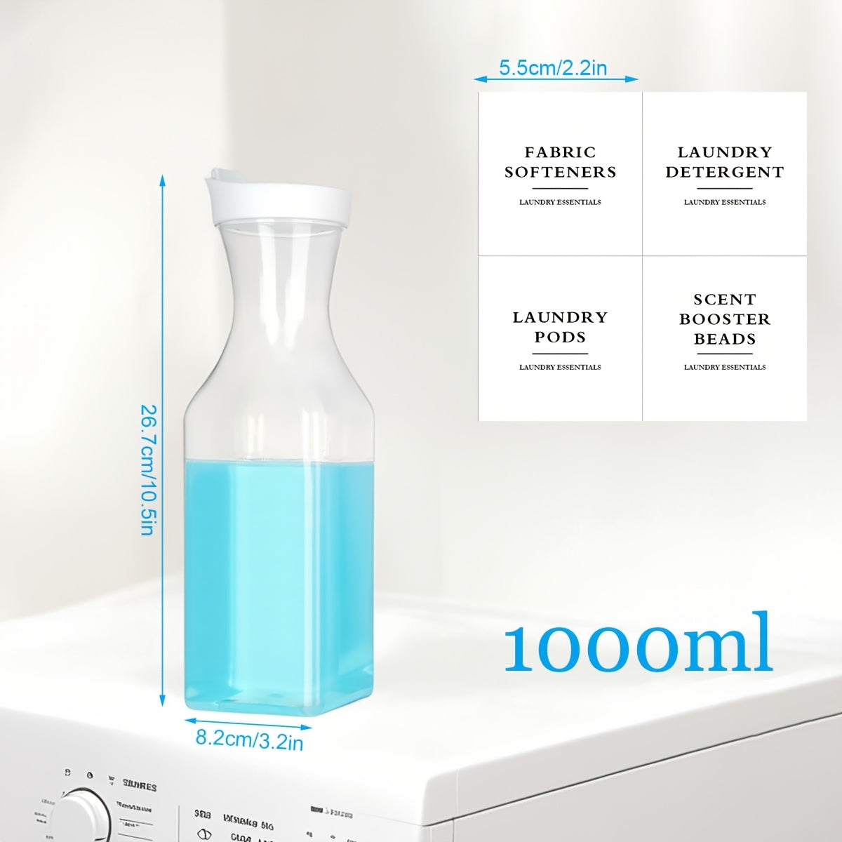 1pieza Dispensador de Loción, Dispensador Cuadrado de 1000Ml, Dispensador de Detergente para Lavandería, Dispensador de Suavizante de Plástico, Contenedor Líquido para Lavandería, Cans de Refuerzo de Aroma con 4 etiquetas, Organizador de Lavandería