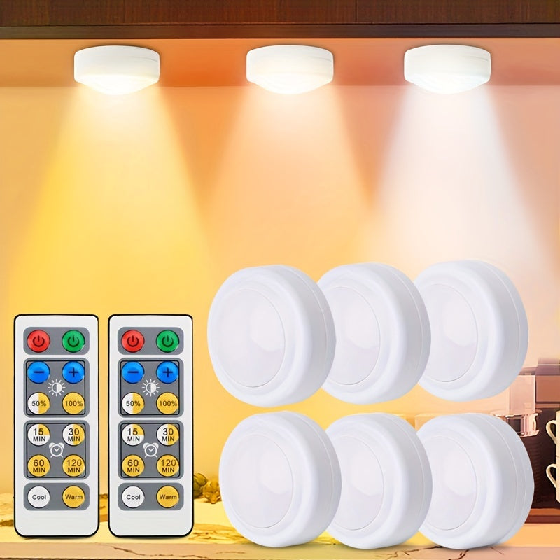 Juego de 3 o 6 lámparas LED para hockey sobre hielo con 3 colores de luz, alimentadas por 3 pilas AAA y control remoto, luces regulables para gabinetes de dormitorio, armario, cocina o vitrina, luz nocturna novedosa en blanco, cálido y natural
