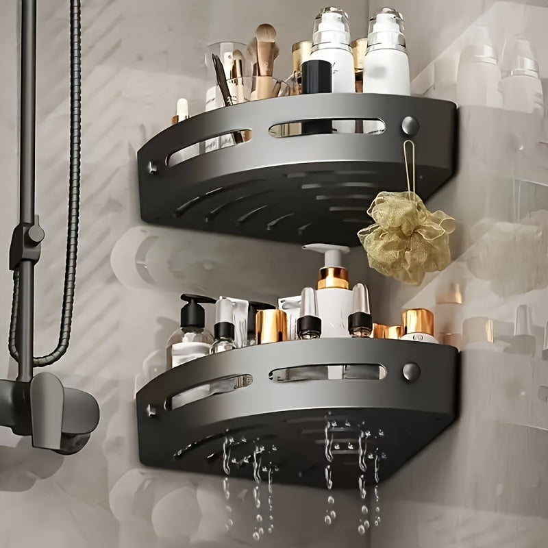 2 piezas de estantes de ducha de esquina adhesivos sin taladrar - Organizador de pared para champú, jabón y artículos de tocador, estante de almacenamiento de baño que ahorra espacio con acabado negro elegante, soporte de artículos de tocador, estética m