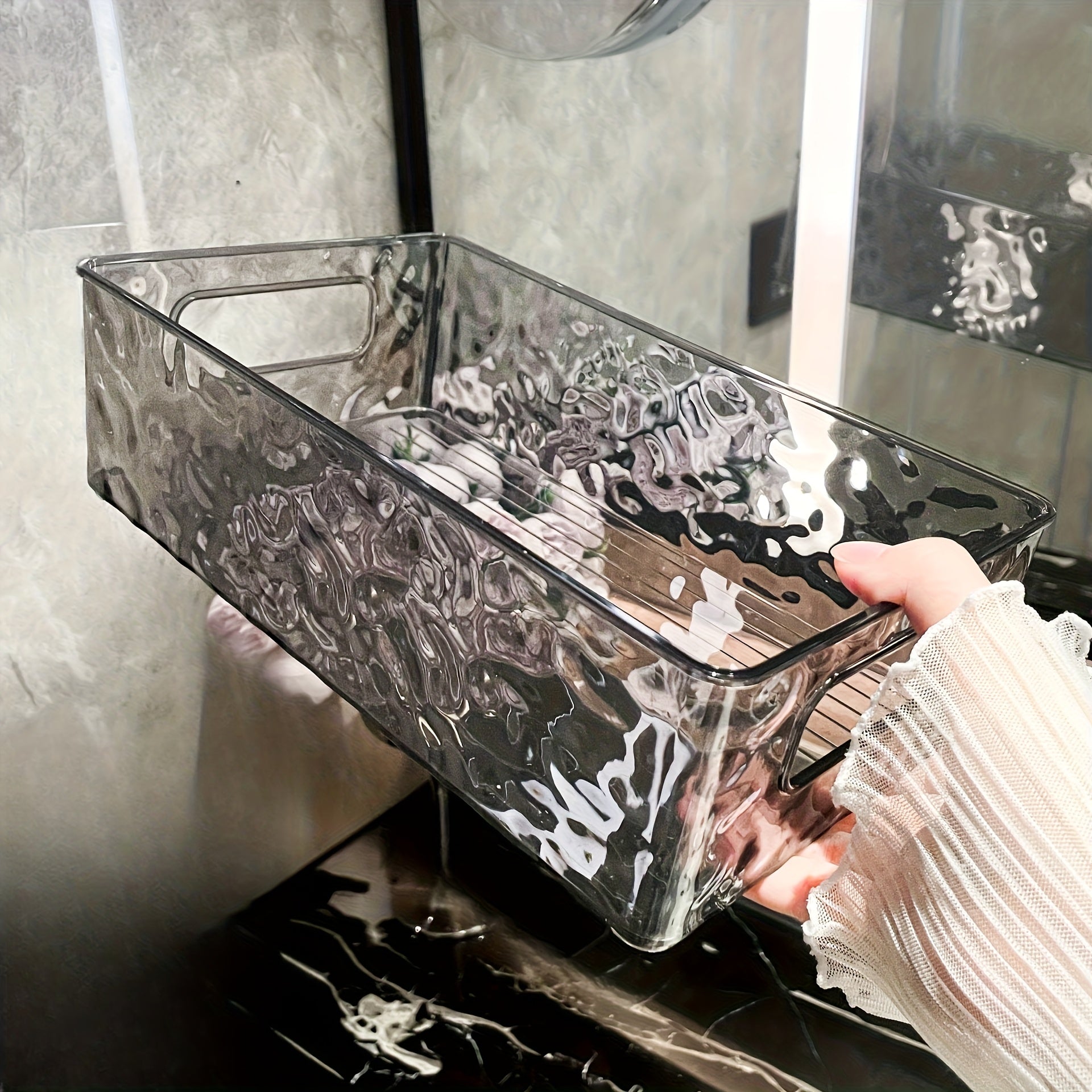 Caja de Almacenamiento de Maquillaje de Acrílico Transparente, Hermosa y de Alta Calidad para Escritorio, Ligera y Lujosa con Patrón de Glaciar, Se Puede Apilar y Guardar en el Escritorio