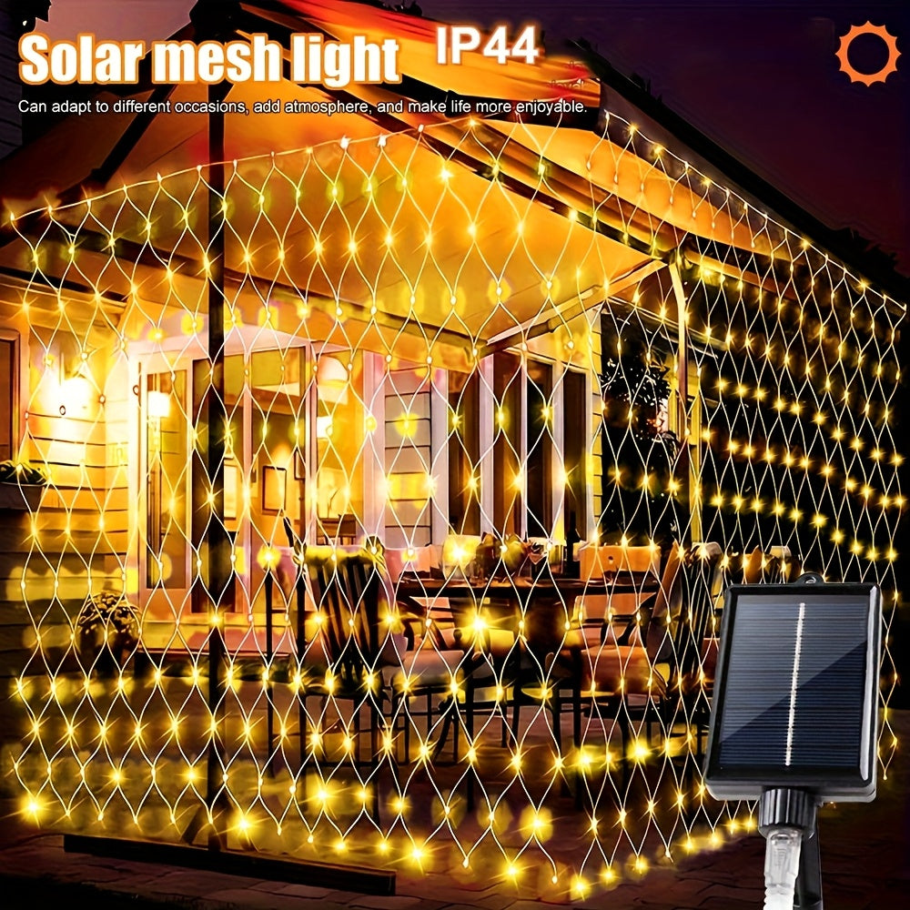 Luz de malla solar IP44 - 8 patrones, luces de cadena LED amarillas para jardín, patio, techo, balcón, árbol de Navidad, centro comercial, ideal para Halloween, Navidad, bodas y fiestas, alimentado por energía solar con batería de litio, luces de camping