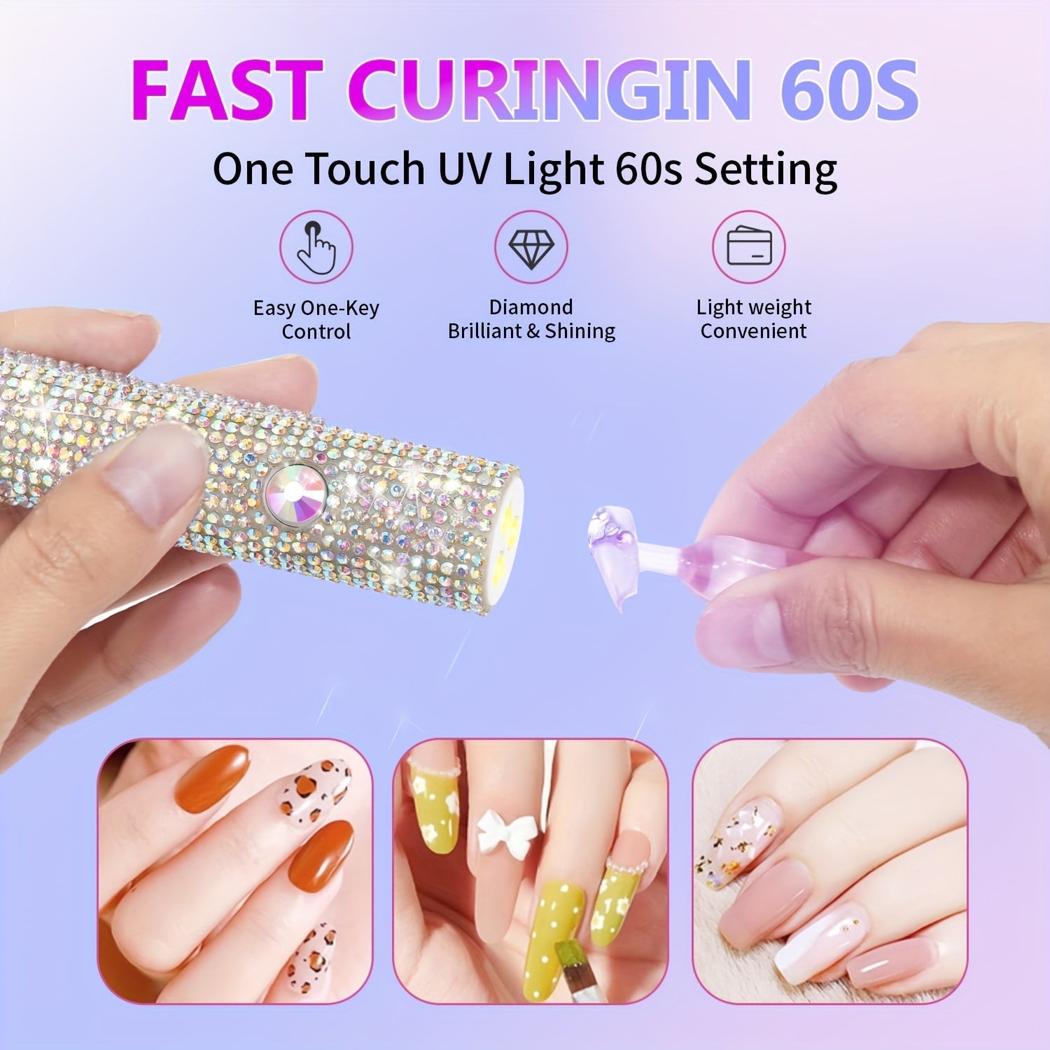 Lámpara de esmalte de uñas miniatura portátil con diamantes de imitación brillantes - Luz de manicura portátil, recargable por USB, batería incorporada, regalo perfecto para mujeres en vacaciones y cumpleaños, suministros de arte de uñas