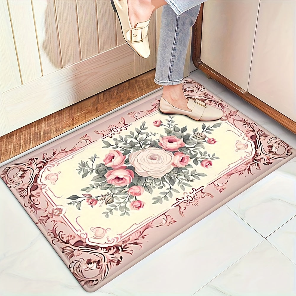 1pc Alfombra decorativa absorbente para cocina, baño y sala de estar de estilo campestre francés, lavable en máquina con respaldo de PVC antideslizante y alfombra de poliéster de 600gsm, rectangular, para entrada