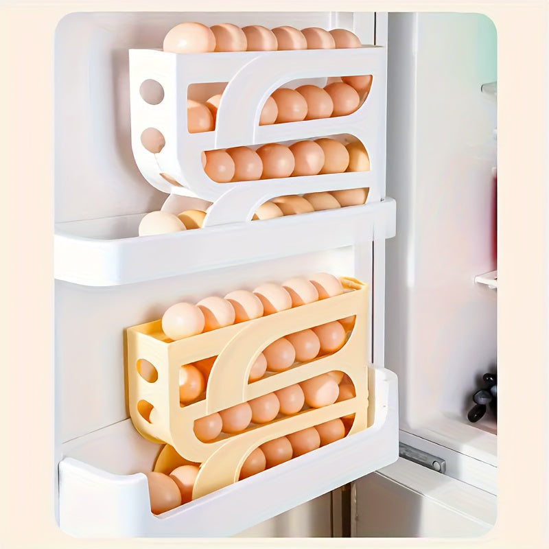 Un soporte de huevo de tres niveles para el refrigerador puede almacenar hasta 20 huevos a la vez, con un diseño de rodadura automática para el almacenamiento y distribución de huevos.
