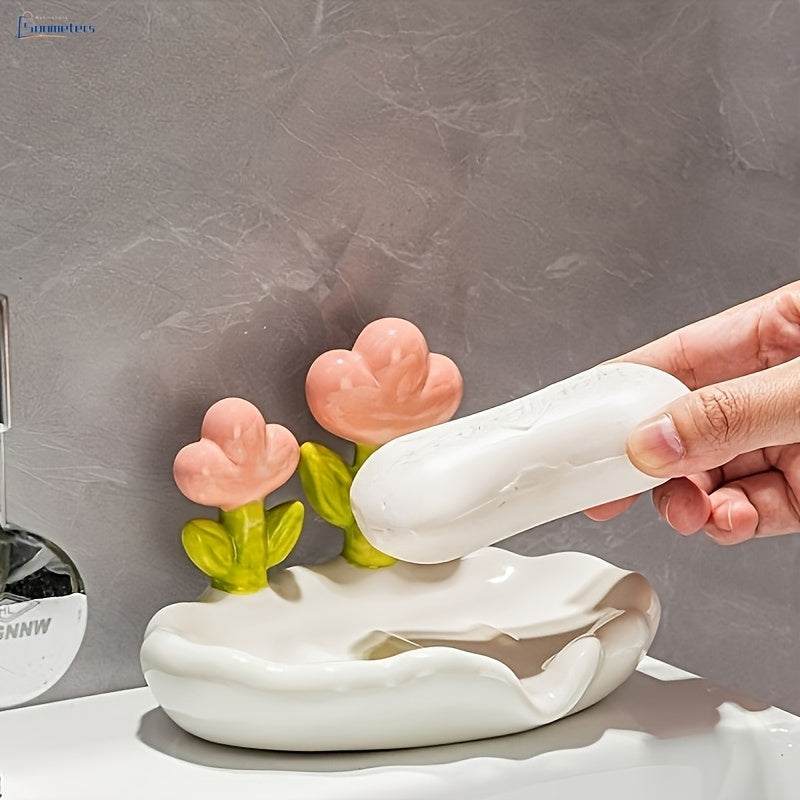 Porta Jabón Ovalado de Plástico con Diseño Floral, Autoescorregable, Apto para las Cuatro Estaciones, Accesorio Encantador para Baño y Cocina Familiar