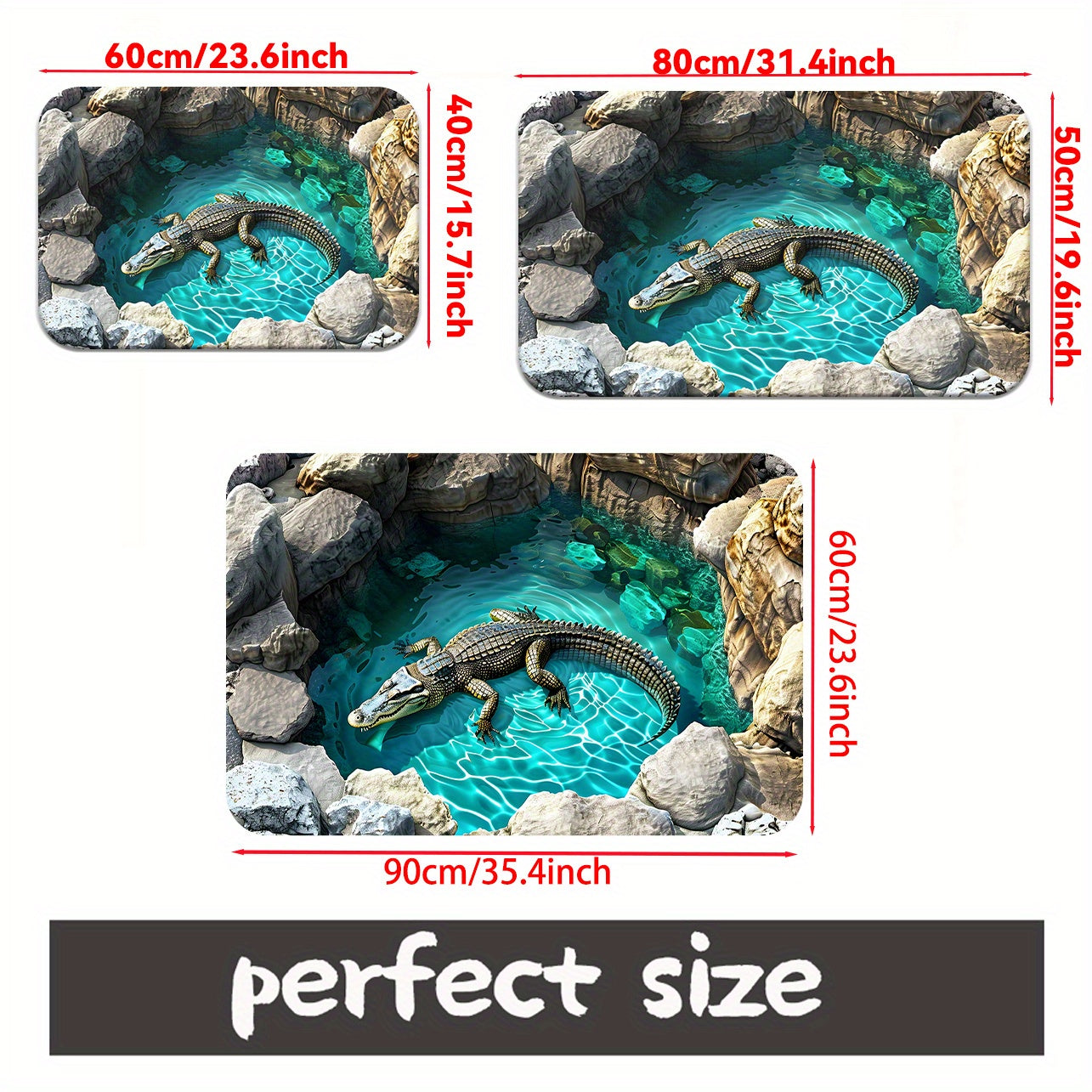 Tapete 3D con diseño de cocodrilo, antideslizante, ideal para baño, dormitorio y entrada de sala, lavable a máquina, 100% poliéster, diseño realista de cocodrilo con fondo de agua azul y piedras, decoración para entrada | Tapete con ilusión óptica 3D