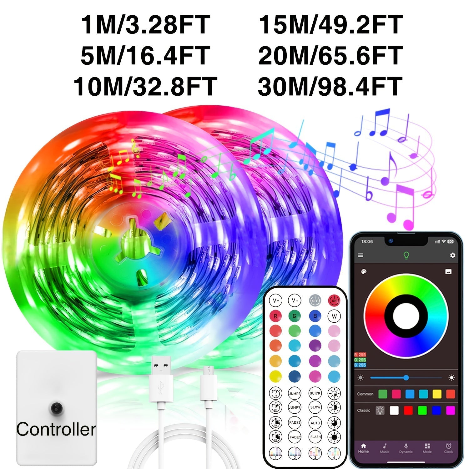 NBBUFF Luces LED Inteligentes de 30,48 pies (2 rollos de 15,24 pies) con control remoto y aplicación, luces LED RGB sincronizadas con música, temporizador, parpadeo, saltos, para salas de música, salas de estar, iluminación de escenario, regalo de Hallow