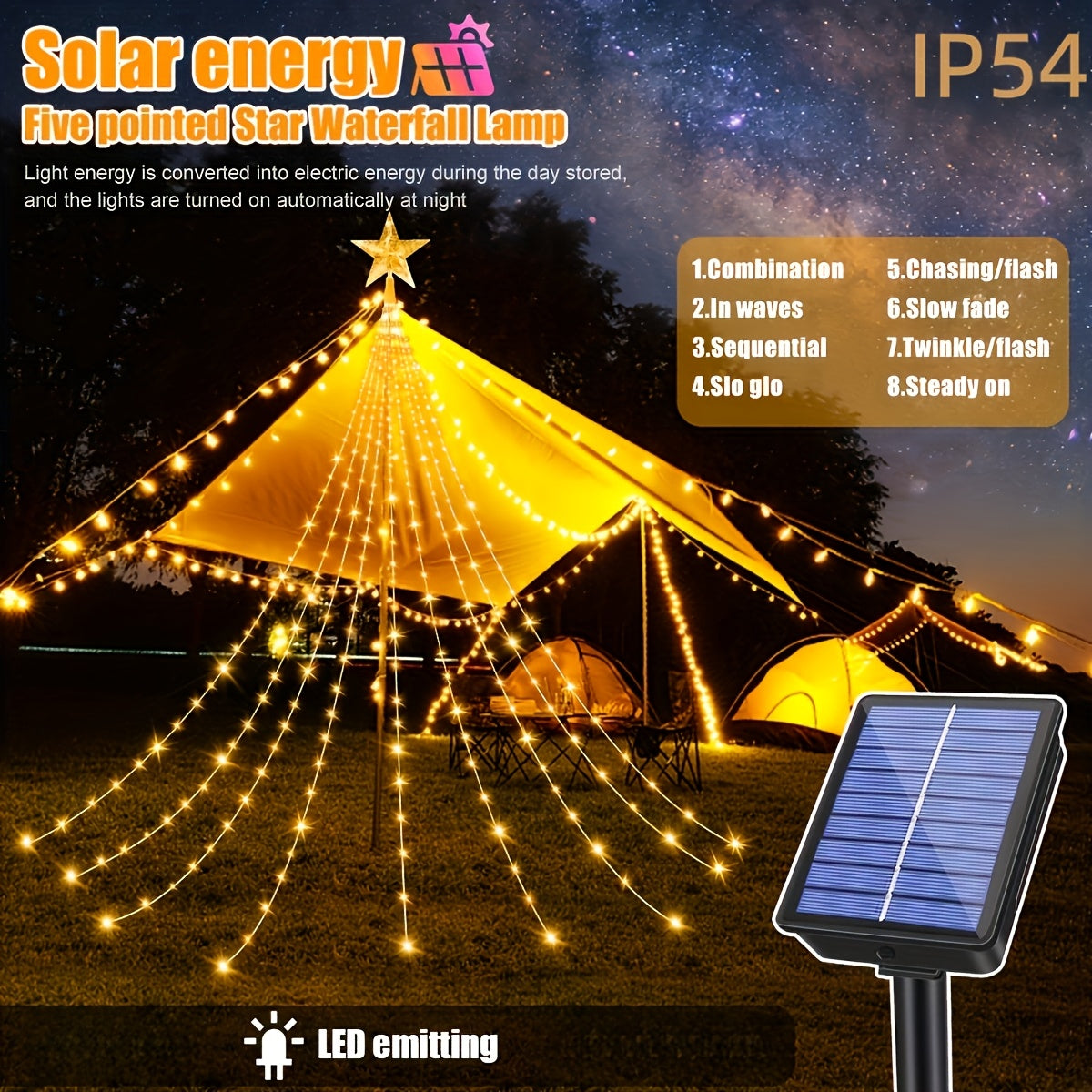 298.7cm 280 LED Luz de Cascada de Agua de Estrella, Luz Solar para Acampar al Aire Libre, 8 Modos de Luces de Cadena para Decoración de Jardín, Cortina, Patio, Árbol de Navidad, Fiesta, Hogar, Boda, Luz de Festival IP54 6.6ft 200LED
