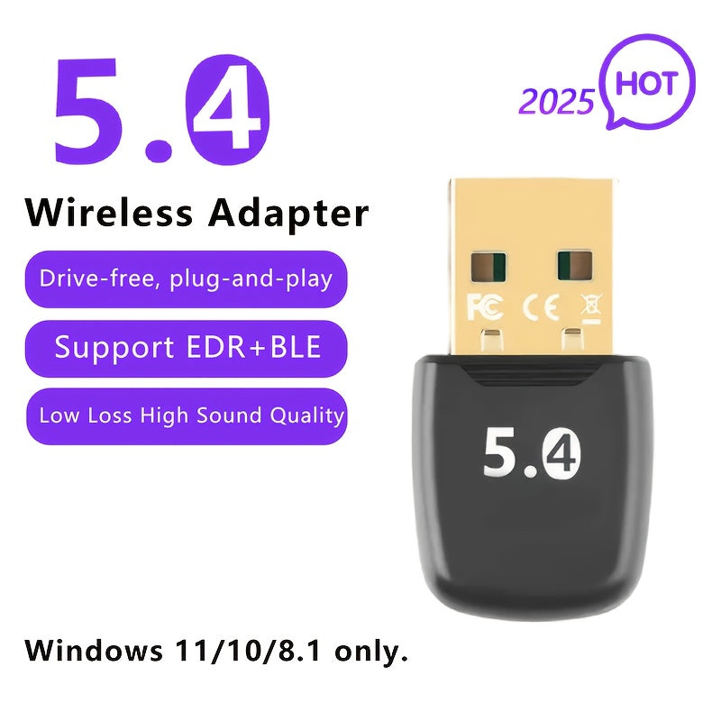 Adaptador sin varillas USB 5.4 para Windows 11/10/8.1 - Conexión Rápida y Sin Latencia con Soporte EDR/BLE y Sonido de Alta Fidelidad, Compatible con Auriculares/Tarjetas de Teclado/Ratones/Auriculares, Desciende Automáticamente a 5.3/5.1/5.0/4.2/4.0