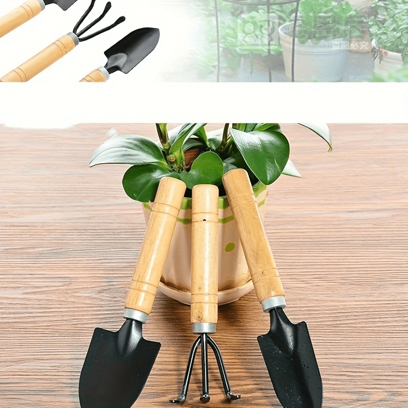 3 piezas de juego de herramientas de jardinería de mano - Mini pala, pala y rastrillo de metal y madera duraderos para suculentas, macetas y plantación, no se necesita electricidad