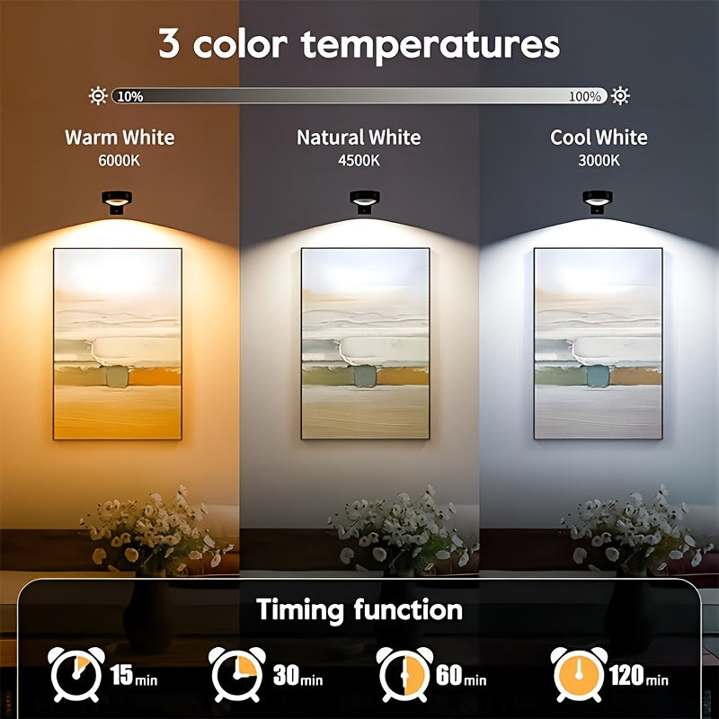 Juego de 3 Luces LED Magnéticas para Montaje en Pared con Control Remoto, Función de Temporizador y Regulación de 4 Velocidades, 3 Modos de Color (Natural/Cálido/Blanco), Alimentadas por Batería para Sala de Estar, Guardería, Iluminación Trasera de TV y