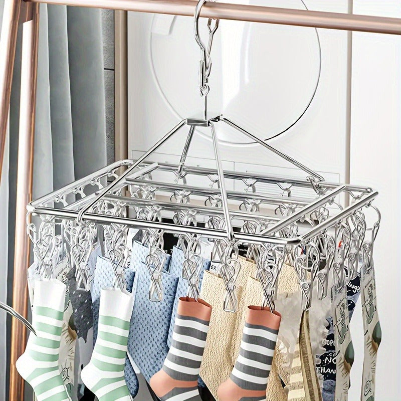 20 piezas/40 piezas, soporte de secado de ropa de acero inoxidable con ganchos estándar - Soporte de lavandería duradero para interiores y exteriores con ganchos giratorios de metal pulido, diseño de candado a prueba de viento, clips extraíbles para ropa