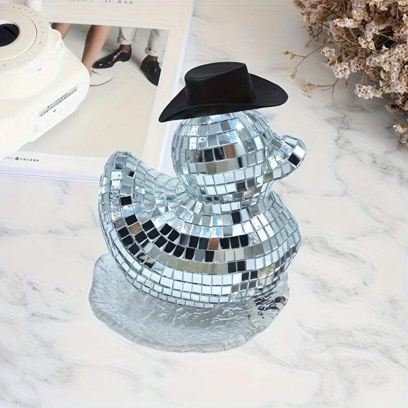 Pato con espejo de disco y sombrero de copa negro - Adorno de vidrio reflectante para fiestas, decoración del hogar y cafeterías, no necesita energía, decoración de disco reflectante | Pato decorativo | Superficie reflectante, decoraciones de bolas de di