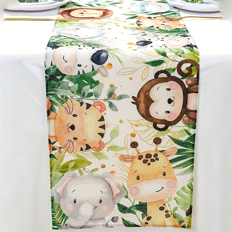 Corredor de Mesa con Estampado de Animales del Jungla - 1 pieza, 100% Poliéster, Diseño Lindo de León, Tigre, Cebra y Elefante en Dibujos Animados con Hojas Vibrantes, Perfecto para Decoración de Primavera, Fiestas Infantiles y Eventos Temáticos, Decorac