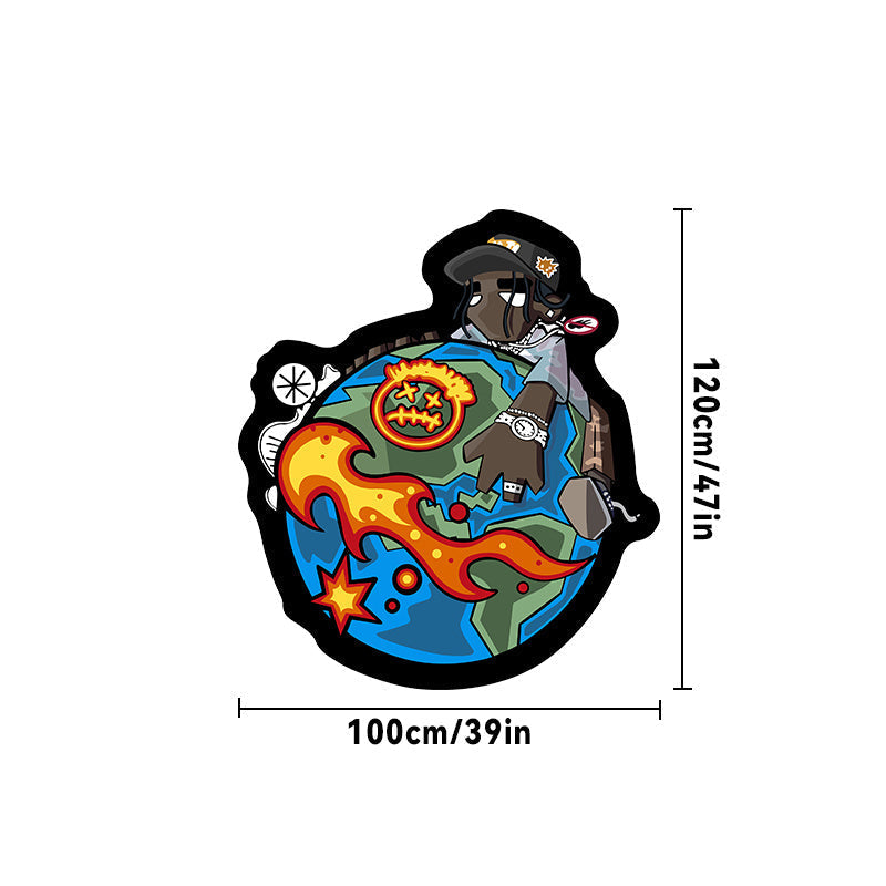 1 alfombra redonda inspirada en el hip hop - Diseño de personajes de dibujos animados vibrantes con llamas, estrellas y motivos de la Tierra, alfombra de poliéster negro y azul para dormitorio o sala de estar, alfombra de área para interiores | Acento de