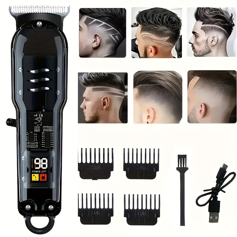 Cortadora de cabello eléctrica profesional con pantalla digital - Carga USB, 4 hojas intercambiables, mango ergonómico, herramienta de corte y estilizado de precisión para hombres, diseño azul elegante, regalo ideal, tijeras ergonómicas